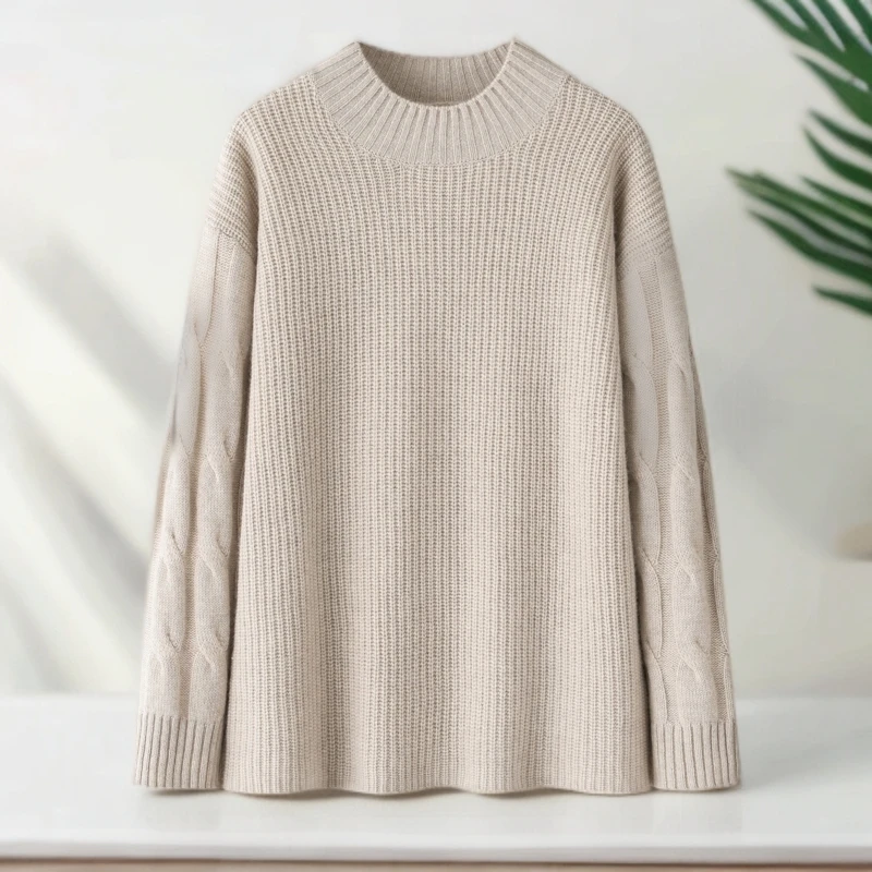 雍致-纯山羊绒半高领休闲针织时尚宽松加厚冬季保暖女套衫