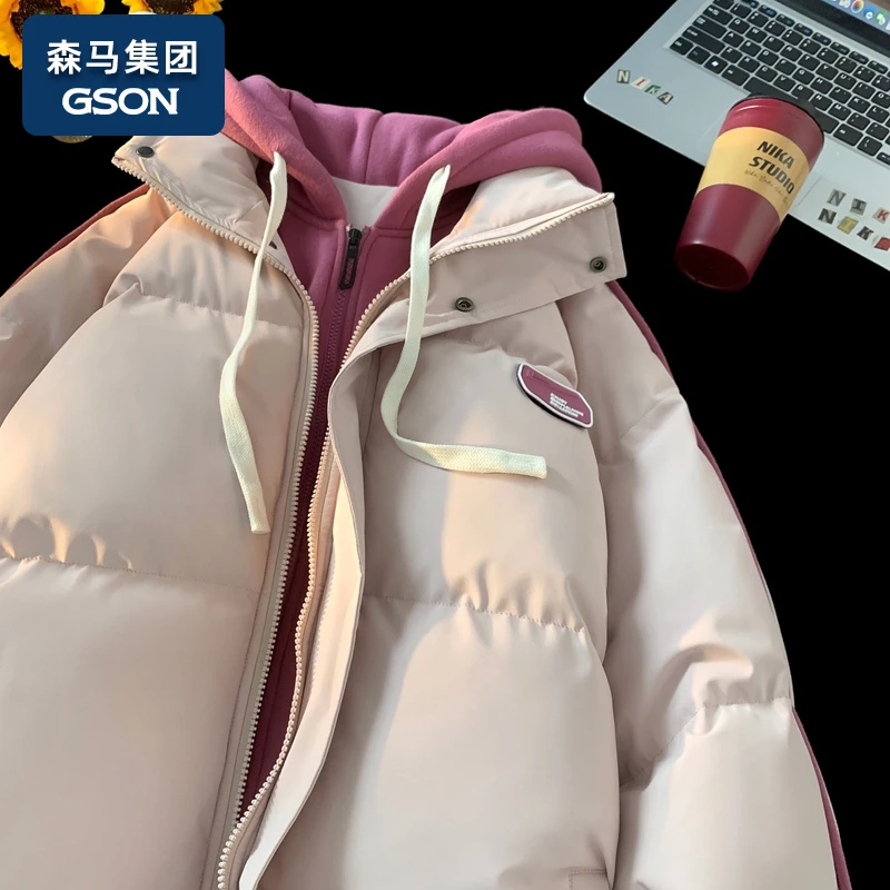 品牌优选GSON冬季男女款棉服潮流假两件连帽棉衣防风防寒加厚棉袄