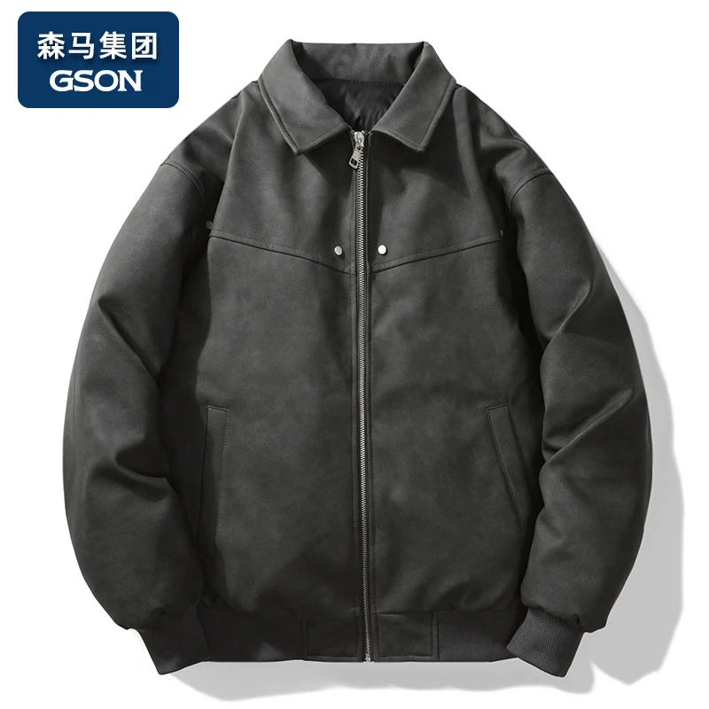 品牌集团GSON冬款皮衣羽绒服男士加绒加厚翻领百搭潮流复古外套