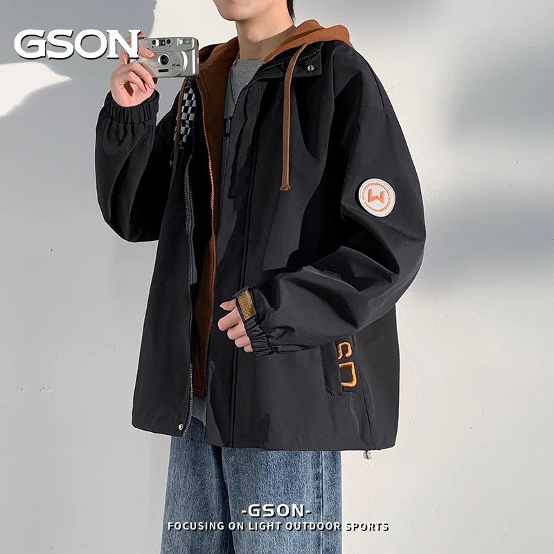 GSON夹克外套男春秋季2025新款工装假两件潮牌男士连帽宽松上衣服