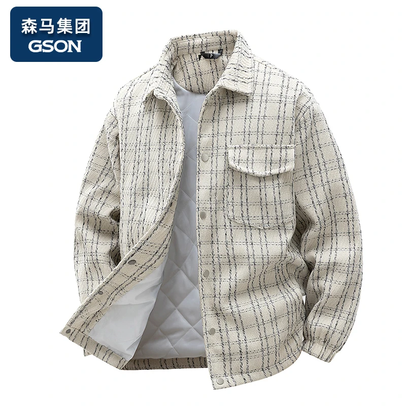 集团品牌GSON格纹翻领夹克男士春秋宽松新款时尚百搭加厚保暖外套