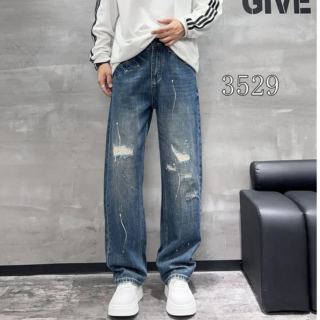 男士宽松假破洞直筒牛仔裤美式休闲百搭青少年裤子都经典水洗蓝潮