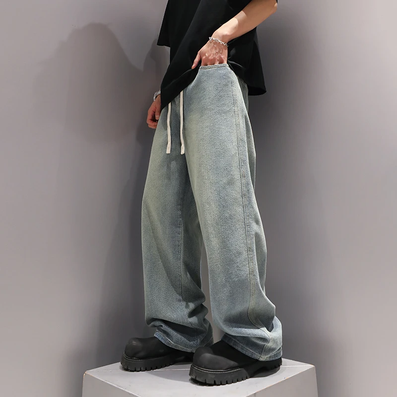 贰十柒水洗港风复古潮流男牛仔裤子春秋薄款直筒阔腿垂感宽松长裤