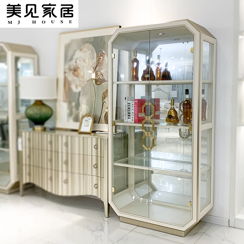 美式轻奢实木酒柜客厅酒柜展示柜边柜双门红酒展示钢化玻璃储物柜