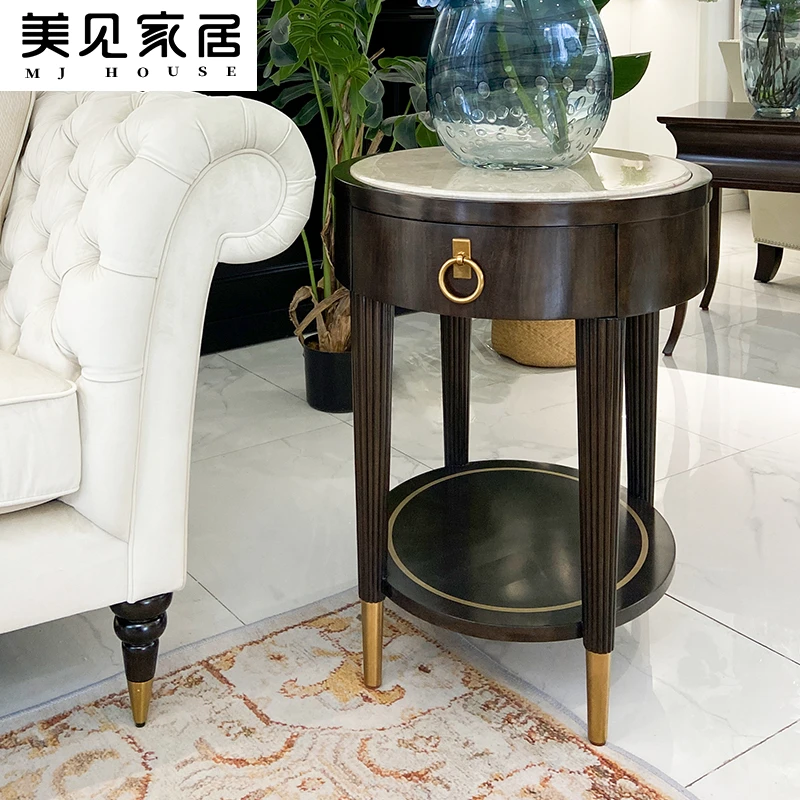 美见家居美式轻奢边几实木雕刻美式轻奢埃弗利大理石客厅椭圆角几