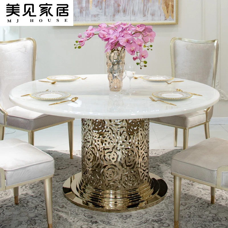 美式轻奢圆餐桌后现代轻奢法式卡里冰玉大理石餐桌美克一桌圆餐台