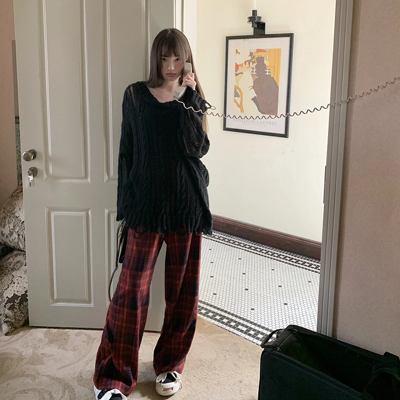 2024秋新款慵懒风宽松显瘦镂空黑色针织衫毛衣辣妹女东京岁时记jk