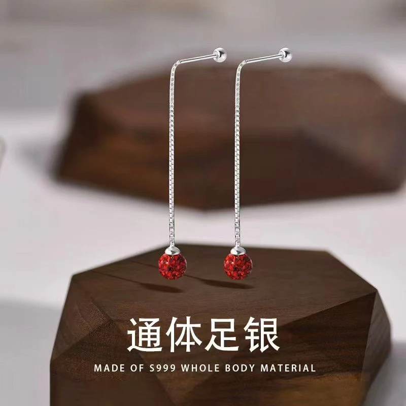 足银耳饰 足银999纯银螺丝耳钉捷克石新年红耳线时尚简约洋气仿丢