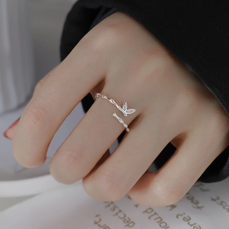 足银戒指 足银合成锆石戒指117竹子戒指女开口小众竹节蝴蝶翅膀