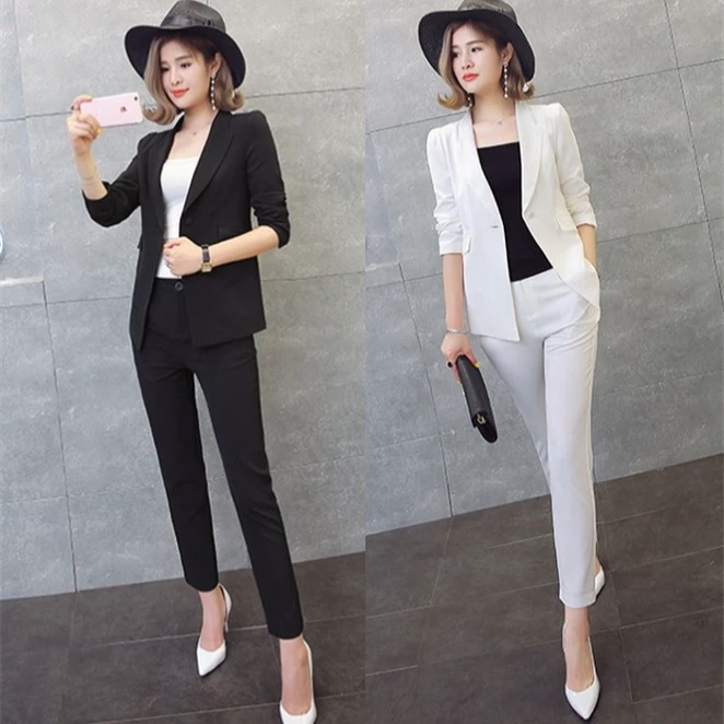 2025春秋新款气质黑白小西装九分裤套装英伦风欧美时尚休闲西服女