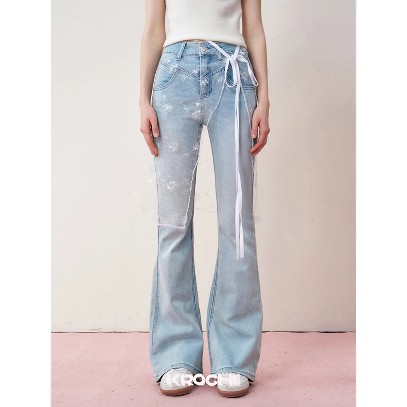 Kroche24ss 慵懒法式 创意分割线 高腰微喇水洗浅色牛仔裤