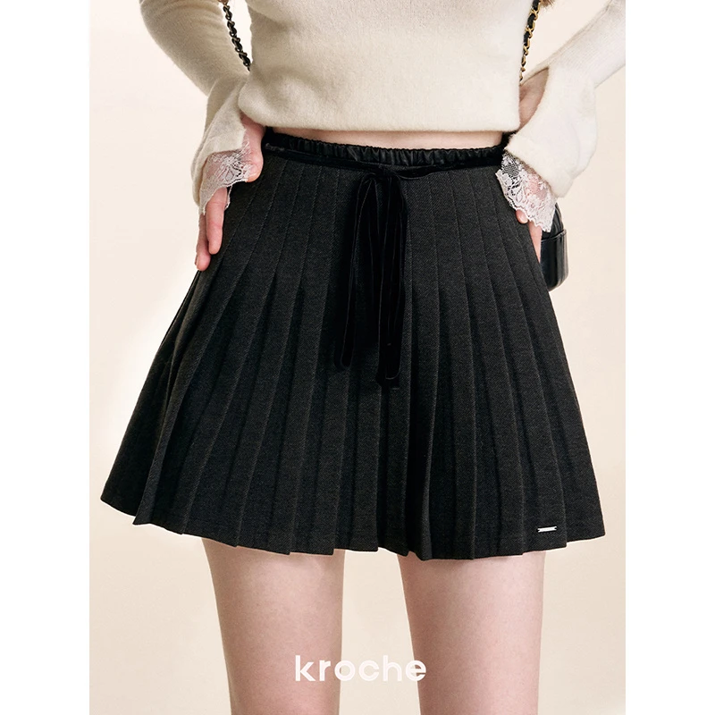 Kroche  knowledge 丝绒拼接双腰头蝴蝶结百褶半裙