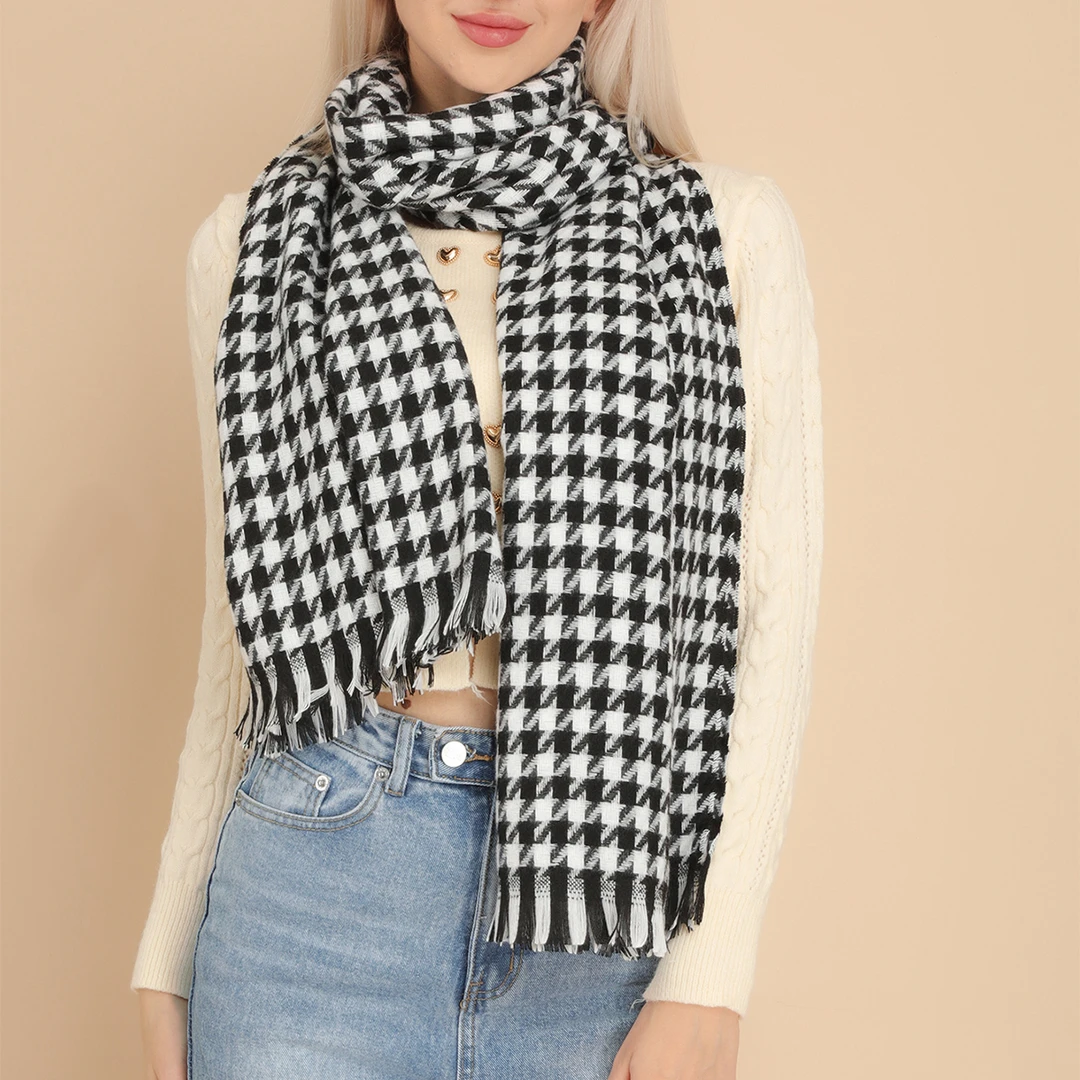 《新号福利》时尚百搭黑白千鸟格围巾秋冬季学生情侣保暖围脖披肩