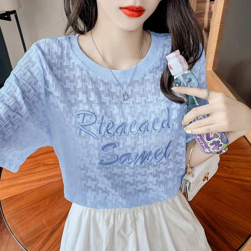 冰丝短袖t恤女夏季薄款2025年新款洋气减龄百搭宽松圆领雪纺上衣