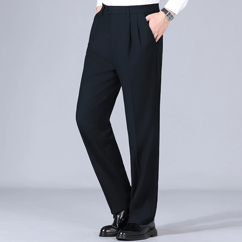 羊毛料西裤男士冬装厚款藏青色高腰宽松大裤脚口中老年爸爸装男裤