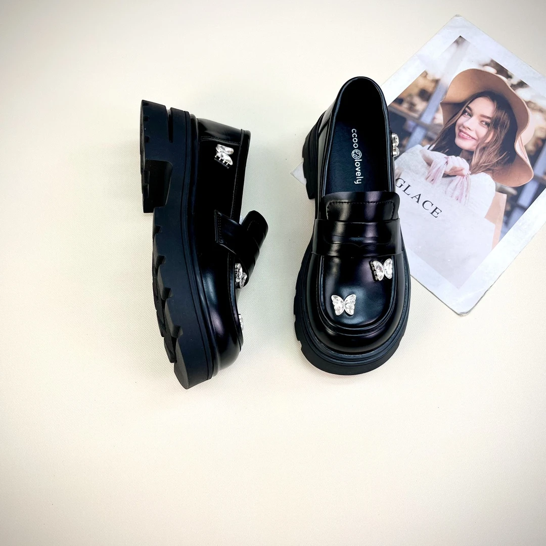 厚底小个子增高小皮鞋女真皮时尚水钻蝴蝶结高跟单鞋松糕乐福鞋女