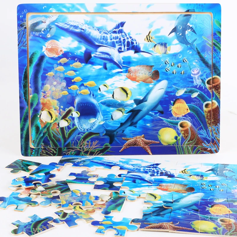 儿童拼图益智9/16/30/60/100片海洋鲨鱼动物恐龙2-3木质玩具6-8岁