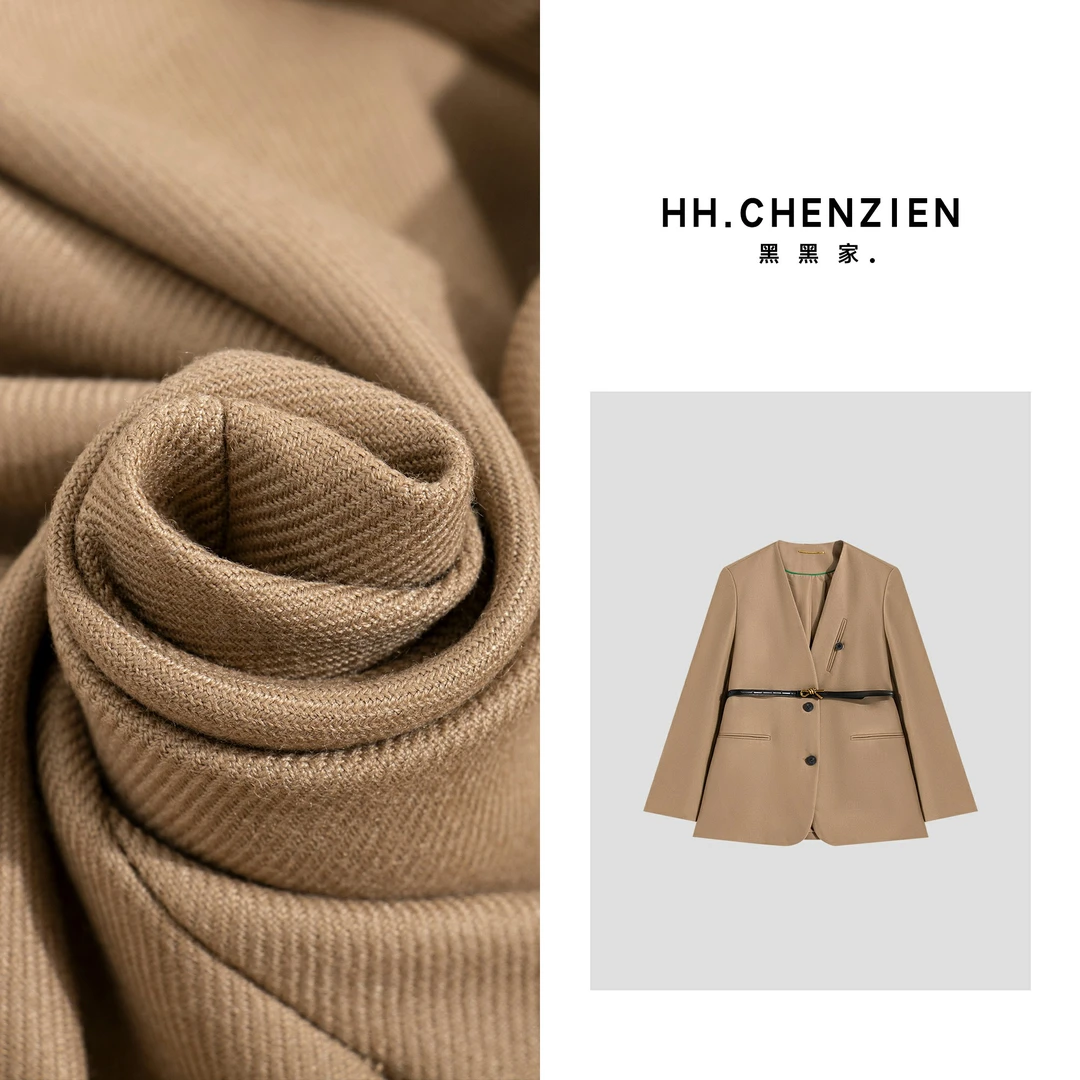 【黑黑家】秋款新款高品质设计宽女士腰带纯色西装外套