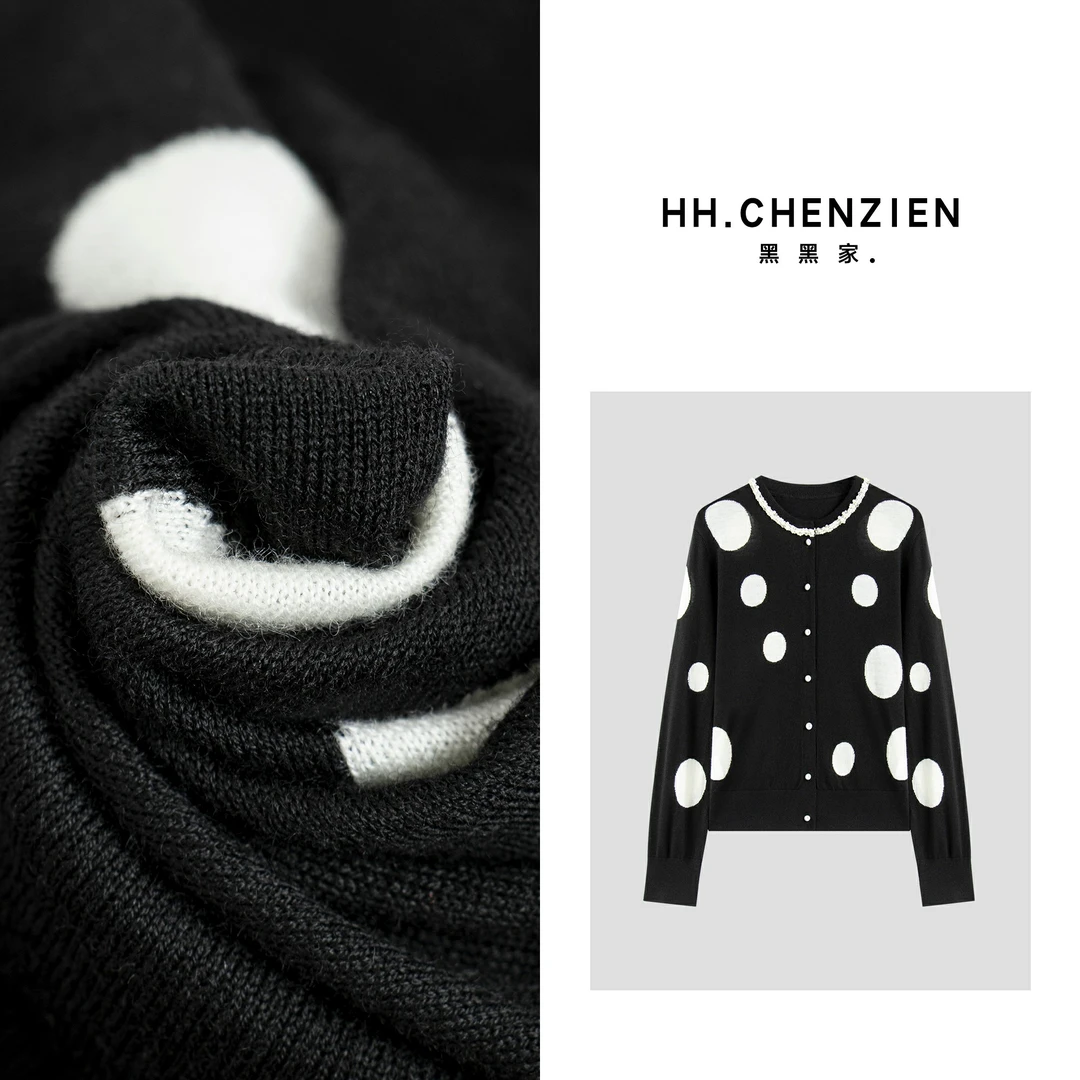 【黑黑家】秋冬女款圆领长袖波点图案舒适百搭针织开衫上衣