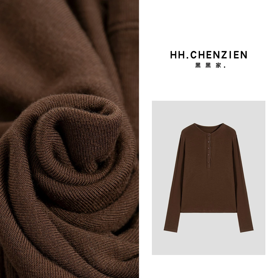 【黑黑家】“BC系列”秋冬款女士净版半扣设计圆领长袖百搭针织上衣