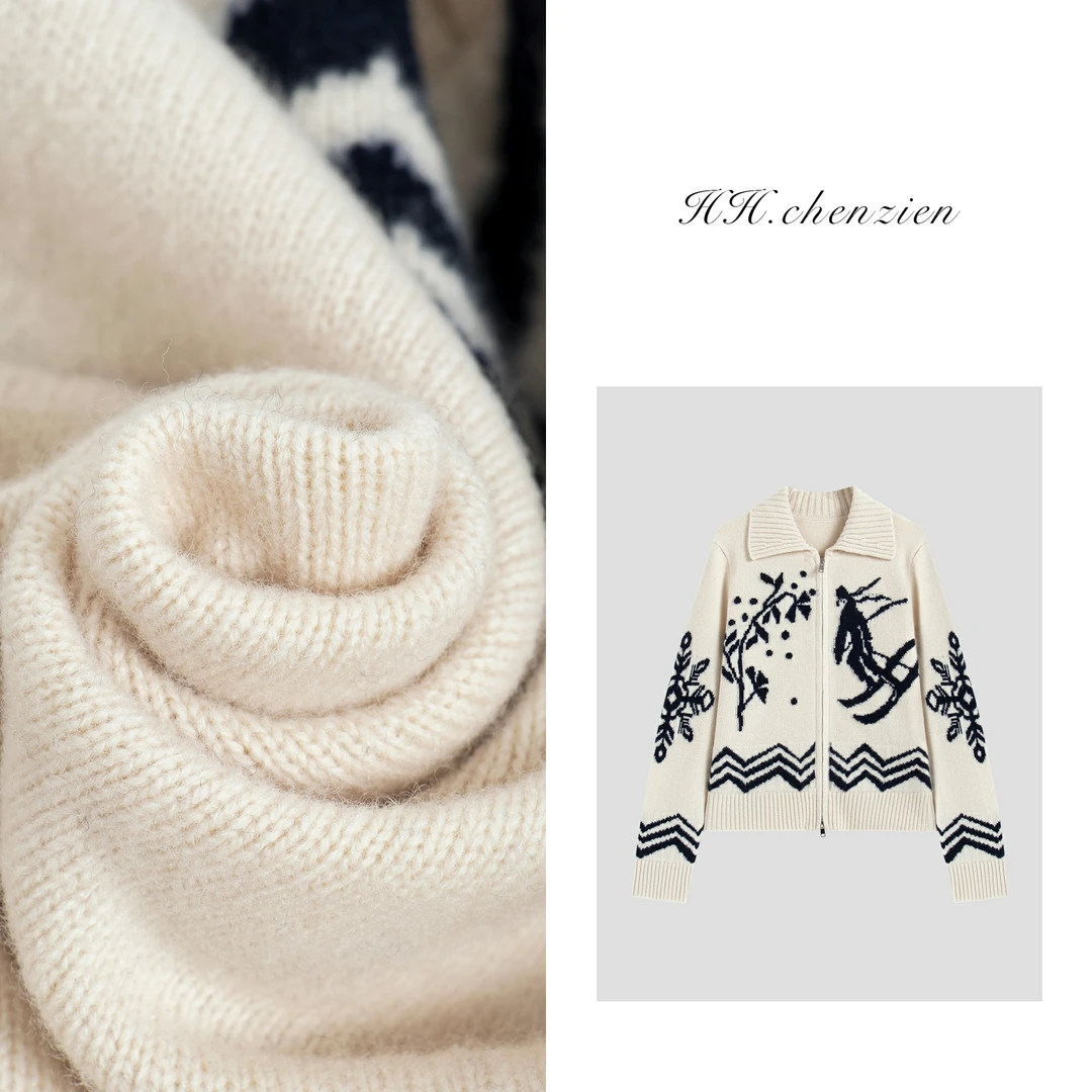 【黑黑家】冬季女款翻领拉链设计印花图案针织衫开衫上衣