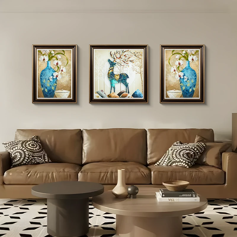 美式轻奢客厅装饰画 高档大气沙发背景墙挂画欧式风三联画鹿80200