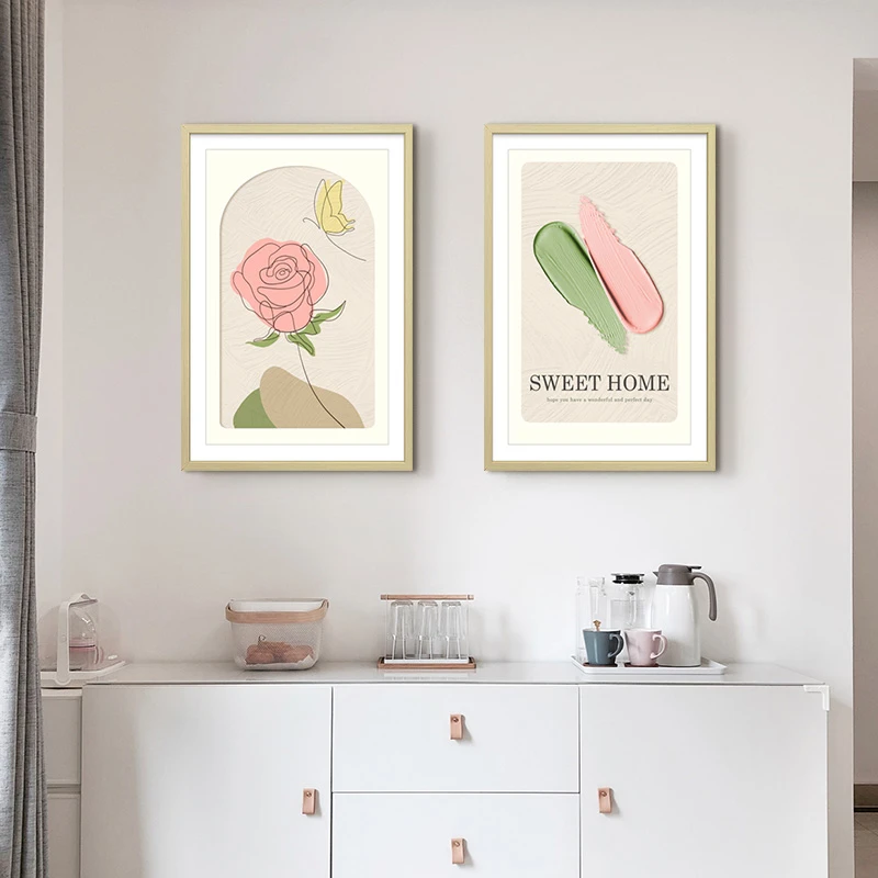 奶油风餐厅装饰画抽象花卉餐背景墙挂画高级感两联玫瑰花4060