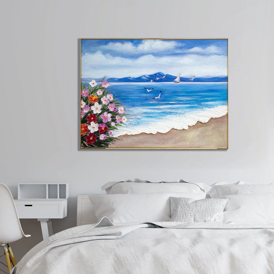 2024新款客厅背景墙装饰画 手工餐厅油画 轻奢高级感挂画海边6080