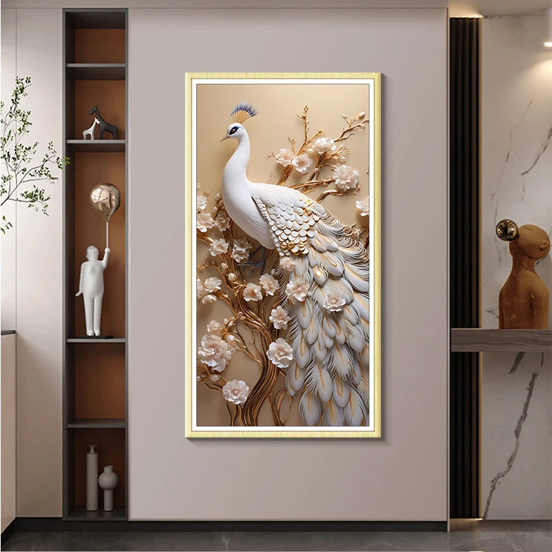 代简约客厅餐厅走廊玄关过道沙发背景墙创意挂画白孔雀80120