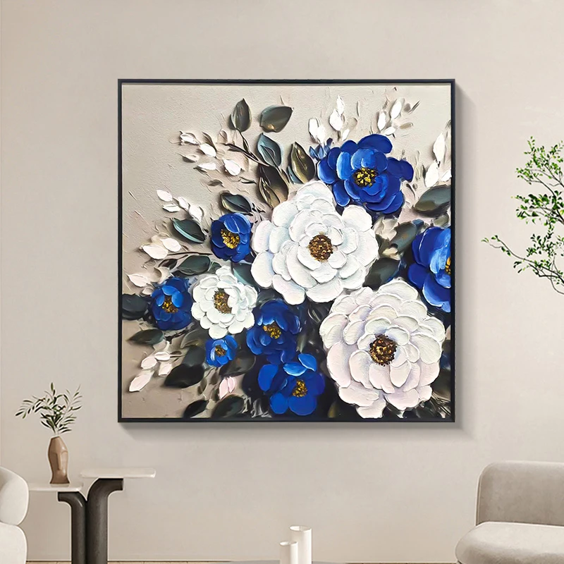 现现代立体砂岩厚油肌理壁画 花卉客厅装饰画铝合金挂画蓝花8080