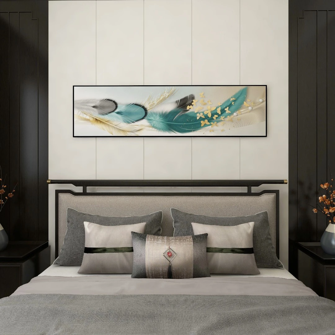 床头画简约大方挂画卧室书房背景装饰画铝合金边框羽毛40150