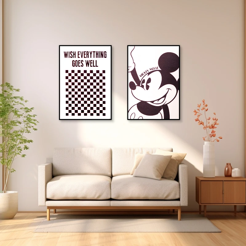 板客厅装饰画黑白灰棋盘格子卡通画床头柜摆画两联米奇4060