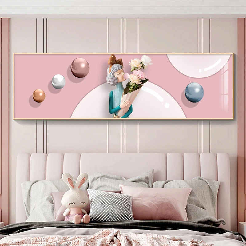 现代晶瓷挂画 卧室书房床头背景装饰画 铝合金边框泡泡女孩40150