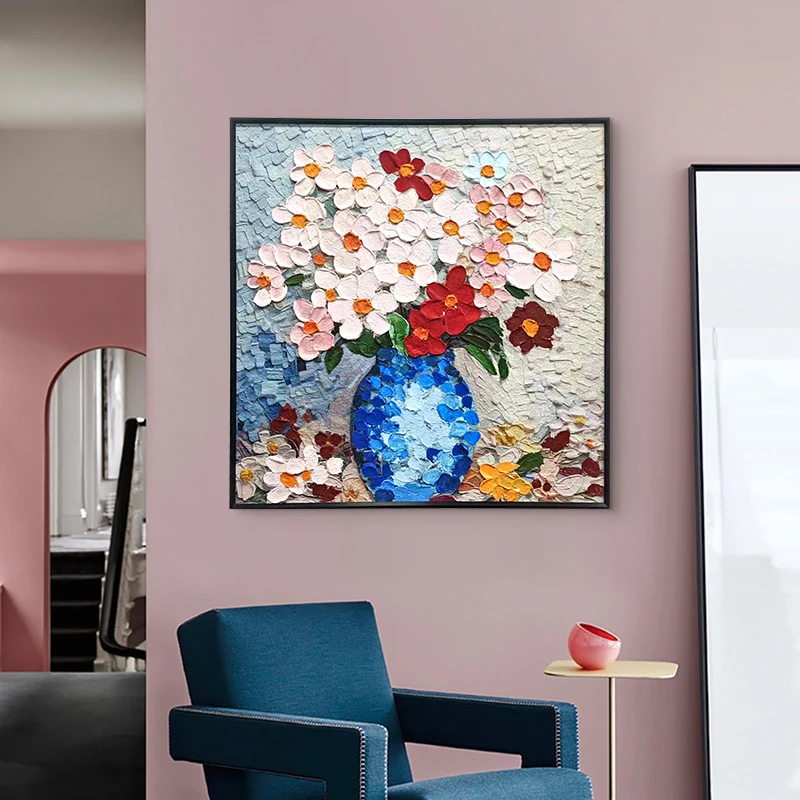 手工油画现代简约玄关装饰幸福花沙发墙方形画油画瓶子6060