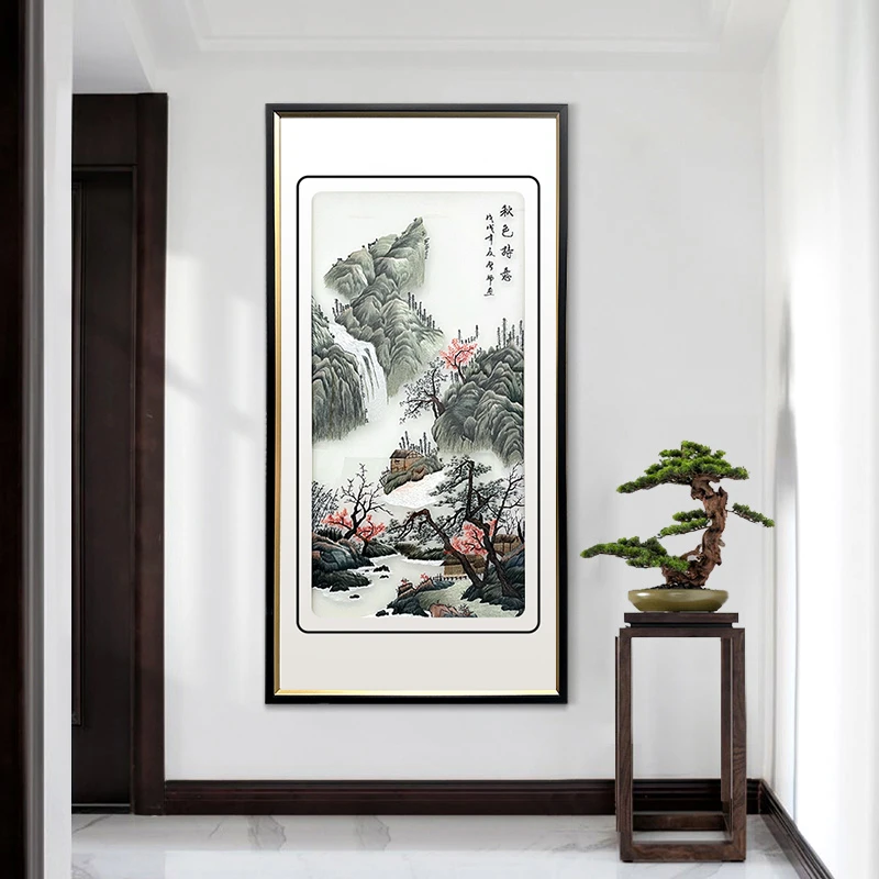 新中式装饰画沙发背景墙画山水挂画刺绣成品玄关山水80160