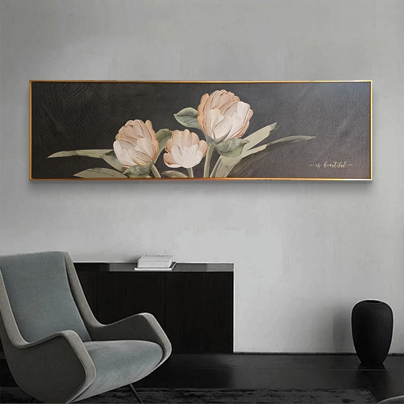 中式客厅床头背景墙装饰画 铝合金边框油画布立体挂画花40150