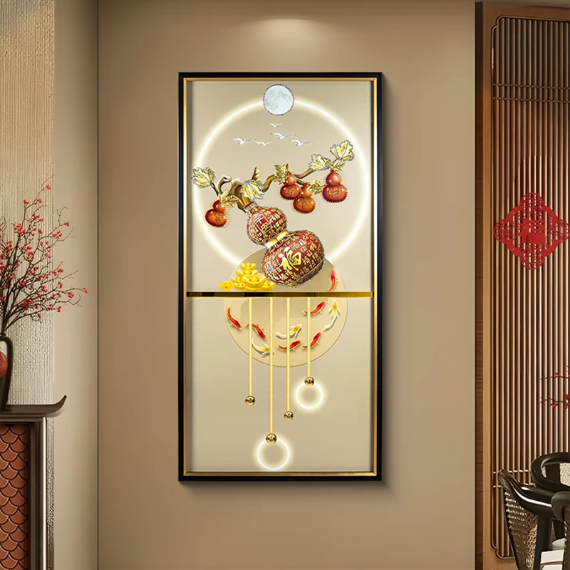 新中式立体实物镶钻玄关装饰画 锦鲤过道走廊挂画高档画葫芦80160