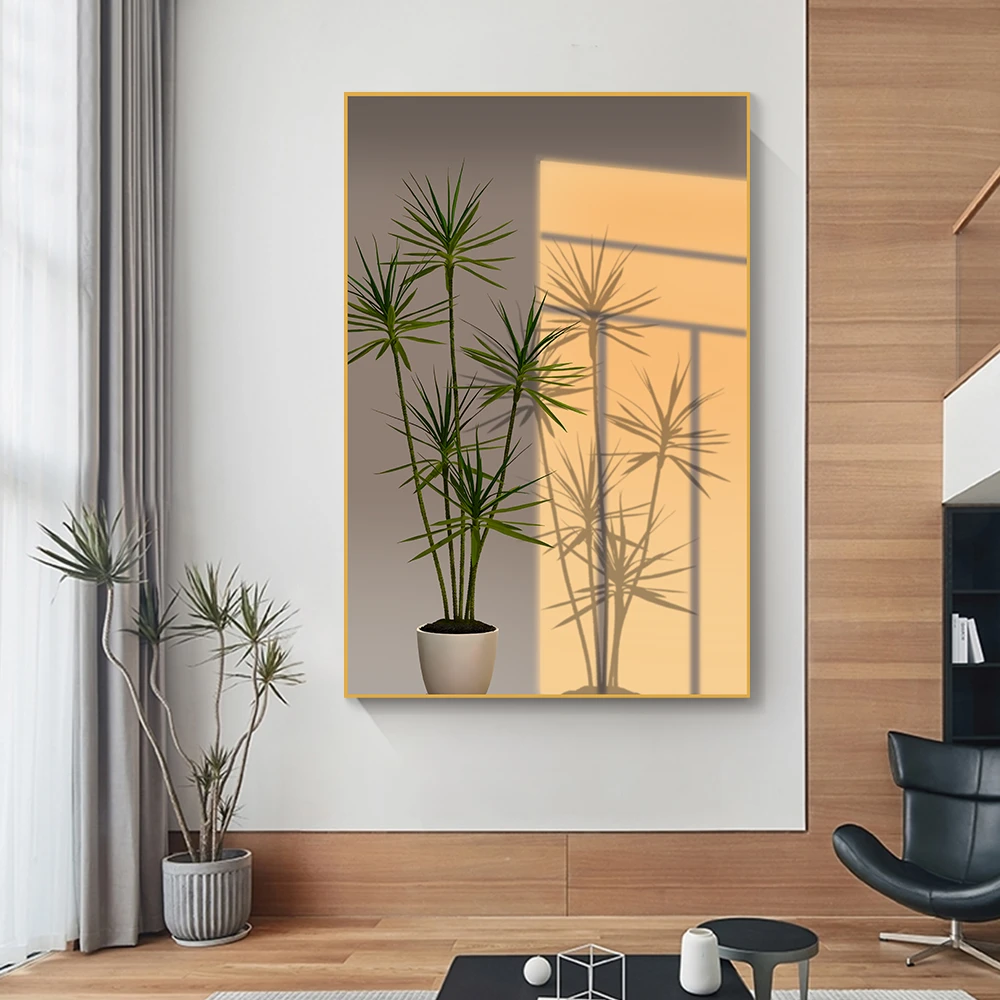 北欧绿植光影晶瓷装饰画客厅沙发背景壁画玄关轻奢挂画花瓶80120