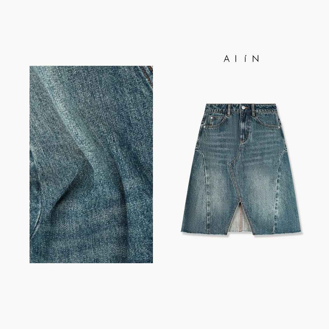 ALIN【弧形分割牛仔裙】时髦休闲弧形分割A字牛仔半裙  24-SSN8371Y