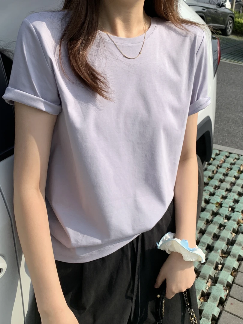 喜家外贸-纯色简约百搭流光短袖2942