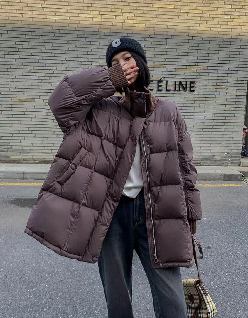 喜家外贸-拼接立领韩版羽绒服女冬季外套702法咖