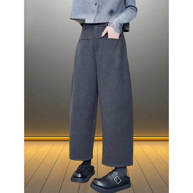 NUMEN BUTTON/灵扣秋冬新款灰色显瘦高腰小个子休闲阔腿弯刀裤女