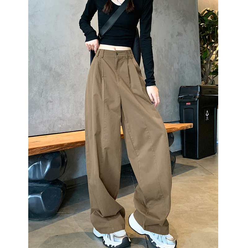 NUMEN BUTTON/灵扣工装阔腿裤显瘦压褶休闲裤高腰垂感窄版拖地裤