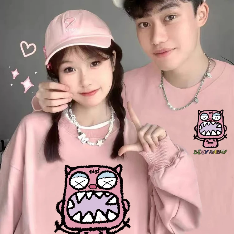 网红粉色不一样慵懒风情侣纯棉卫衣春秋300斤设计感奶fufu上衣t恤