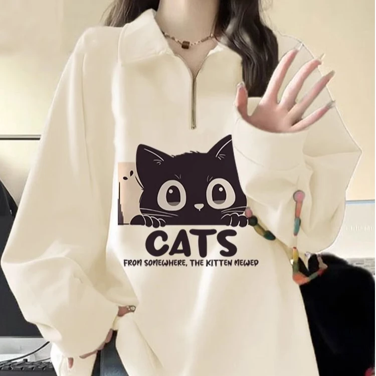300斤大码猫咪印花半拉链卫衣男女秋冬新款宽松慵懒风Polo领上衣