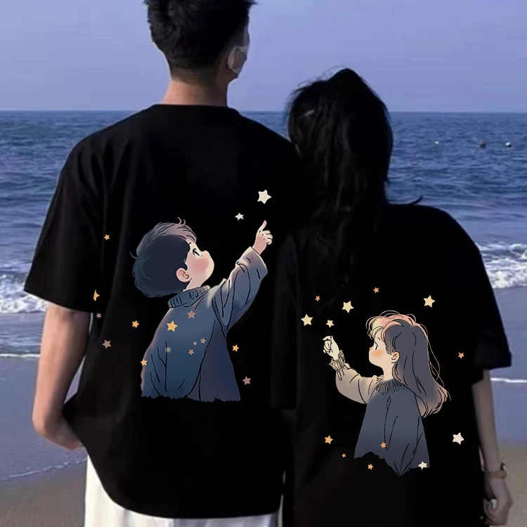 很仙的2024新款情侣卡通纯棉短袖春夏300斤大码不一样ins印花上衣