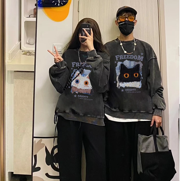 300斤大码不一样卡通猫印花水洗卫衣春秋薄款情侣美式roora上衣潮