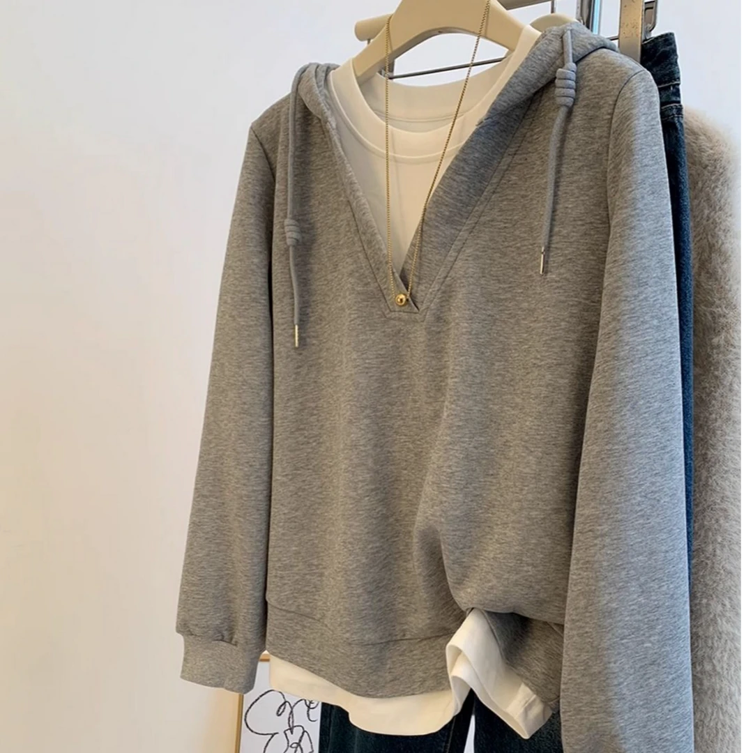 300斤特大码灰色假两件设计感连帽卫衣春秋新款韩系显瘦男女上衣