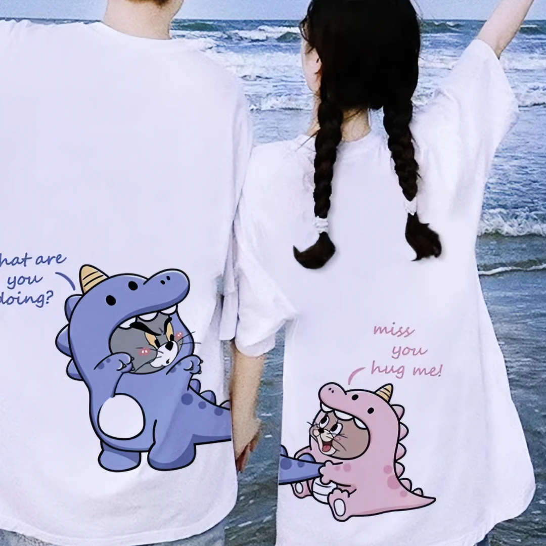 300斤大码不一样卡通印花纯棉情侣短袖夏季ins潮流热恋多巴胺半袖