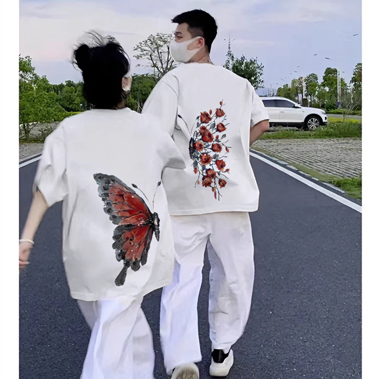 300斤大码特别的潮牌蝴蝶花朵印花纯棉情侣短袖夏季多巴胺时尚t恤